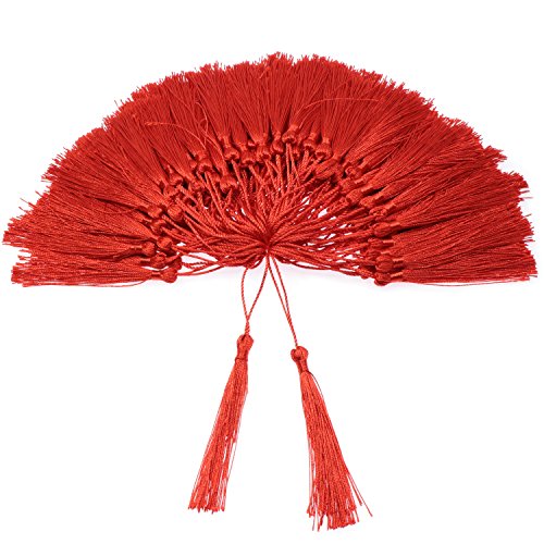 VAPKER 100 Pieces Red Tassels 13cm/5-Inch Silky Handmade Soft Tassels Floss Bookmark Tassels with 2-Inch Cord Loop for Jewelry Making, DIY Projects, Bookmarks - color: C:red