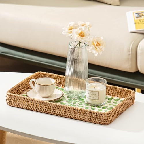 Set of 3 Rattan Serving Trays with Mother of Pearl, Terrekraft - color: Green Leaves