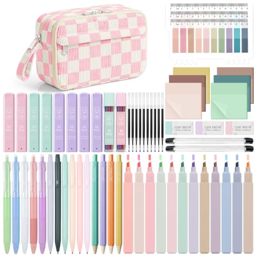 WOBAGMEN 62PCS Aesthetic Stationery Set with Corduroy Pencil Case, Pastel Highlighters Gel Pens Mechanical Pencils, Cute College Daily Essentials Set（Pink Gingham） - color: Pink Gingham
