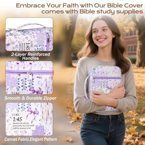 XKDOUS Bible Cover Case for Women Bible Bag Journaling Kit w/Study Supplies - color: Canvas Purple Patchwork, size: Large