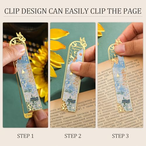 6 Pieces Metal Clip Bookmarks for Women, Golden Hollow Butterfly Bookmark Monet Oil Painting Theme Book Mark Birthday Funny Art Gifts for Book Lovers Writers Readers Children Teens Men - style: 6Pcs Clip