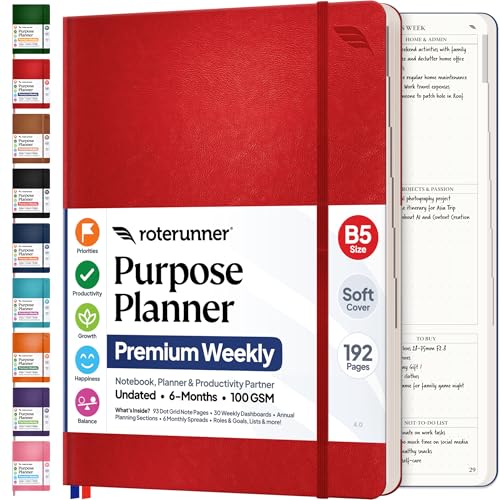 Roterunner Purpose Planner Notebook B5 7.5”x9.8” Undated 2026 Daily Weekly and Monthly Productivity Goal Setting Tool for Work Home ADHD for Adults Self Care Journal - color: Red, style: B5 Softcover