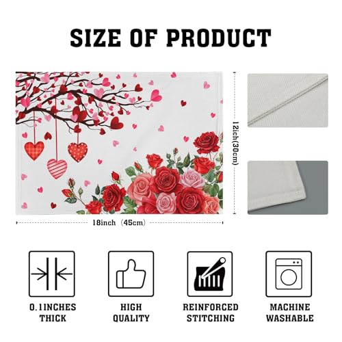 Giwawa Valentine's Day Placemats, Romantic Love Hearts Tree Branches Rose Floral Table Mat, Heat Stain Resistant Linen Place Mats for Kitchen Dining Wedding Anniversary Decor, 12"x18", Set of 4 - color: Heart Flower