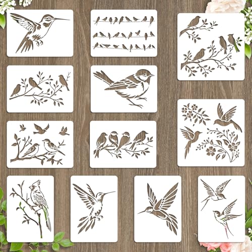12Pcs Hummingbird Stencil PET Painting Templates Birds Inlay Border Stencils for Furniture Reusable DIY Craft for Wall Wood Fabric Canvas Paper Home Decor - color: bird
