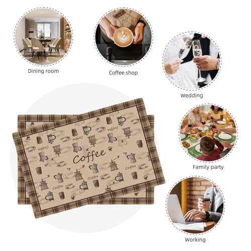 Coffee Placemats Set of 4, Brown Coffee Theme Decoration Table Mats, Washable Heat-Resistant Linen Place Mat for Kitchen Dining Party Outdoor Home Decor 12x18 Inch - color: Brown Coffee