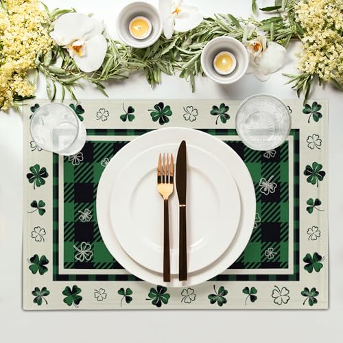 Giwawa Lucky Clover Placemats Set of 4 for Kitchen Dining, St Patricks Day Shamrocks Buffalo Plaids Washable Linen Place Table Mat 12x18 Inches for Tabletop Holiday Party Picnic Decor - color: Clover Plaid