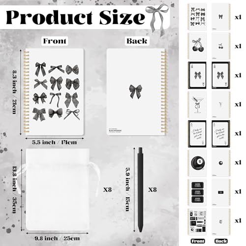 CNhoqc Black Spiral Journal Notebook, 8-Sets A5 Ballpoint Pen Organza Bag - color: 8-Set Black Bow