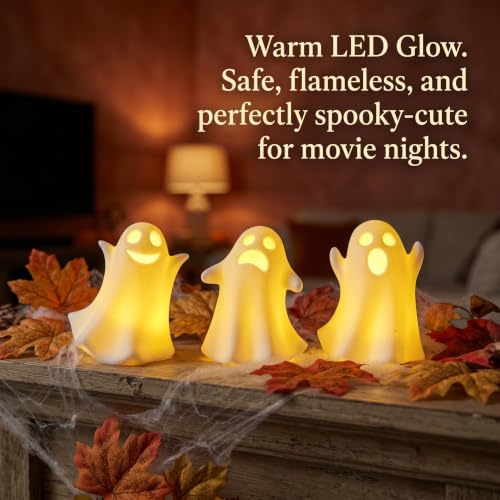 Ceramic Ghost Decor, Light Up Ghost Figurines for Halloween with Timer - color: Matte White