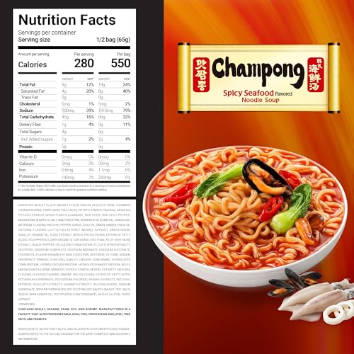 Nongshim Champong Noodle Soup, Smoky Spicy Seafood Korean Ramen, 4 Pack