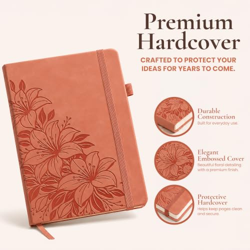 Lined Journal Notebook Hardcover Leather Bound 200 Pages A5 Floral Diary - color: Peach, size: A5 200 Pages