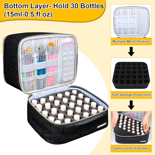 Covkev PU Leather Nail Polish Organizer Bag Holds Nail Lamp& 30 Bottles (15ml-0.5 fl.oz), Portable Travel Nail Kit Storage Carrying Case, Double Layer Nail Supplies Organizer Handbag (Elegant Black) - color: Elegant Black - 30 Bottles