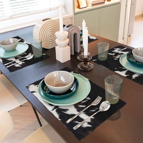 Cowhide Print Placemats Rectangle Linen Table Placemet Set of 4 - color: Black White Brown, size: Set of 4