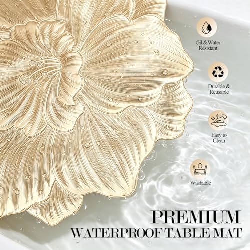 Quantum Love Camellia Gold Round Placemats Set of 6, 15 Inch PVC 3D Metallic Flower Table Mats, Wipeable Waterproof Non Slip Heat Resistant Placemats for Wedding Party Christmas Dining Table Decor - color: Gold Camellia