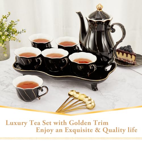 DUJUST 14 pcs Tea Set of 6 with Tea Tray & Spoons, Modern Diamond Design Tea/Coffee Cup Set with Golden Trim, Chic Porcelain Living Room Decor, Fine-china Teapot/Tea Party Set, Gift Package - Black - color: black: 14pcs tea set