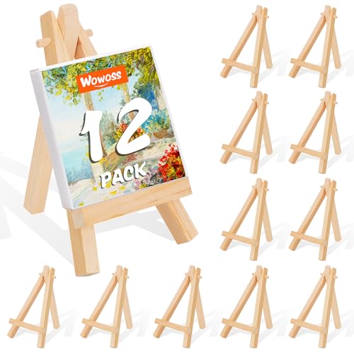 12 Pack 5" Mini Wood Display Easel, Natural Wooden Tripod Holder Stand for Displaying Small Canvases, Business Cards, Photos
