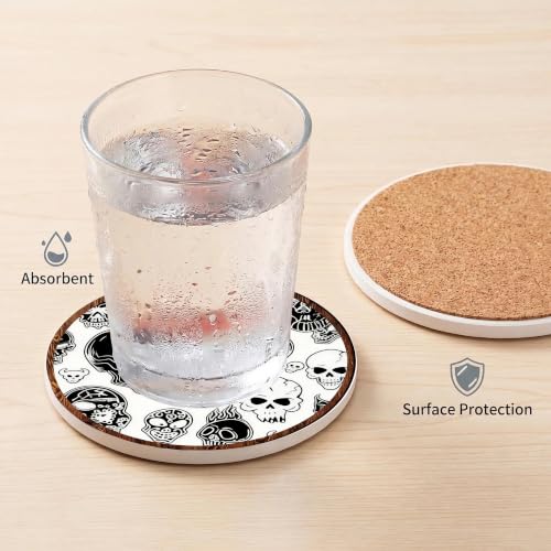Nikyi 6 Pcs Skull Halloween Ceramic Coasters, Round Absorbent Drink Coaster with Metal Holder and Cork Base, Gothic Skeleton White Black Coaster for Coffee Table Kitchen Office Home Decor Gifts - color: Gothic Skull