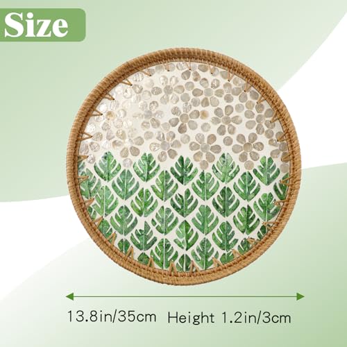 13.8" Round Mother of Pearl Inlay Rattan Forest Green Design Serving Tray - color: Forest Green