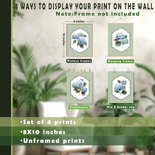 LUKIPOM Hydrangea Green Wall Art Poster,Blue and Green Grandmillennial Cottagecore Floral Canvas Wall Decor Gifts for Women Girls Room Bedroom Dorm Apartment，8x12inin Set of 4 Unframed - color: Color 021
