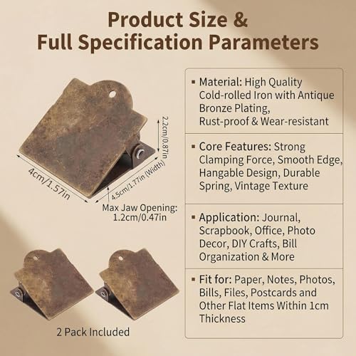 2Pcs 4.5x4x2.2cm Antique Bronze Vintage Journal Clips, Metal Notebook Page Holders, Decorative Organizer for Planners, Documents, Books and Reading Accessories