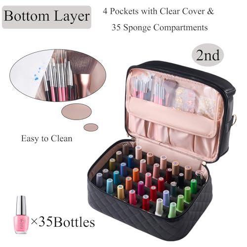 CTWWFS Nail Polish Organizer Holds 35 Bottles & Nail Lamp, Nail Organizers and Storage, Double Layer Nail Bag with Handle & Shoulder Strap for Travel, Nail Supplies Organizer for Manicure Kit (Black) - color: Black (35Bottles）