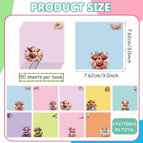 9 Pcs Highland Cow Sticky Notes 3"X3", Cute Flower Cow Self-Adhesive Notes for Women Man, Funny Sticky NotePads for Teacher Students Office Worker Supplies - color: Highland Cow