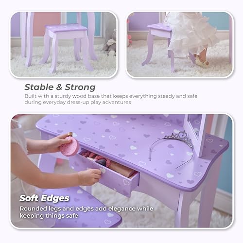 Teamson Kids Classic Hearts Prints Gisele Wood Play Vanity Set, Purple - color: Purple