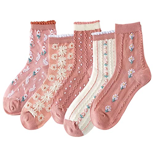 DXYAKY 5 Pairs Womens Floral Cotton Socks Vintage Patterned Crew Socks Novelty Ankle Ruffled Warm Casual Dress Socks - color: 5 Pairs - Pink