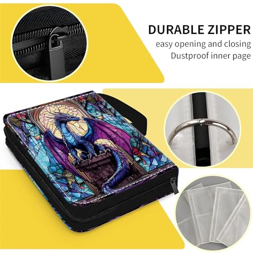 Card Binder 400 Pockets, 50 Sleeves Large Binder Trading Cards Holder 4 Pocket, Storage Organizer, Album Folder Case Protector Collector Gift Stained Glass Blue Purple Diamond Dragon - color: Stained Glass Blue Purple Diamond Dragon, size: 4 Pocket