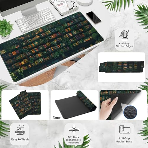 Green Leaves Desk Pad Extended Mouse Mat, Plant Bookshelf Gaming Desk Mat, Large Laptop Keyboard Pad Full Desk Mouse Pad XXL, Giant Desktop Computer Pad, Home Office Decor Aesthetic 31.5" x 15.75" - color: Quiet Library