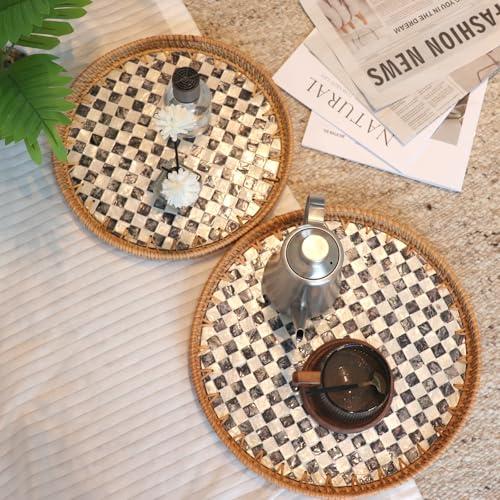 2 Pcs 11.8in & 13.8in Round Rattan Mother of Pearl Inlay Serving Tray