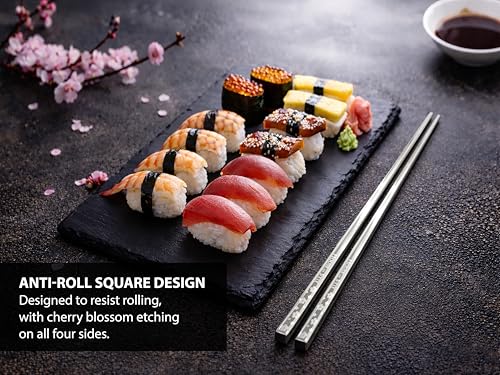 Stainless Steel Chopsticks – 5 Pairs 304 Food-Grade Metal, Reusable Dishwasher Safe, Non-Slip Laser Engraved, Japanese Korean Style Gift Set