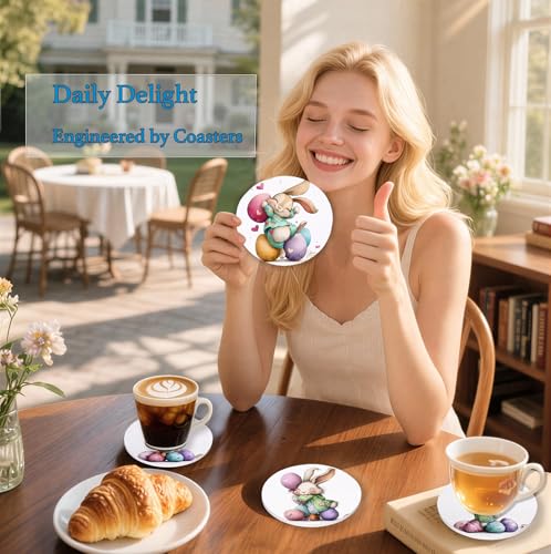 Nikyi 6 Pcs Easter Bunny Pink Heart Ceramic Absorbent Coasters, Spring Cute Rabbit Egg Drink Coaster with Metal Holder Cork Base, Perfect Easter Basket Stuffer, Coffee Table Kitchen Office & Gift - color: Easter Cute Bunny and Easter Eggs Pink Heart