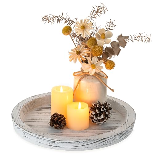 Hanobe Wooden Coffee Table Tray, Decorative Round Candle Holder Plate,White - color: Rustic White-1