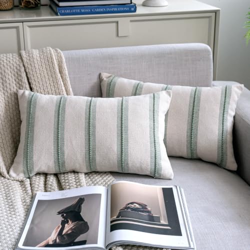 Cethom Boho Lumbar Throw Pillow Covers 12x20 Set of 2, Sage Green Striped Decorative Pillow Cases for Couch Chair Bed, Farmhouse Accent Cushion Covers for Living Room Bedroom Sofa Home Decor - color: Sage Green, size: 20" x 12" (Pack of 2)