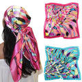 AWAYTR 2-Pack 35" Silk-Like Satin Head Scarves for Women, Square Bandanas - color: Elliptical Grid(rose+blue)