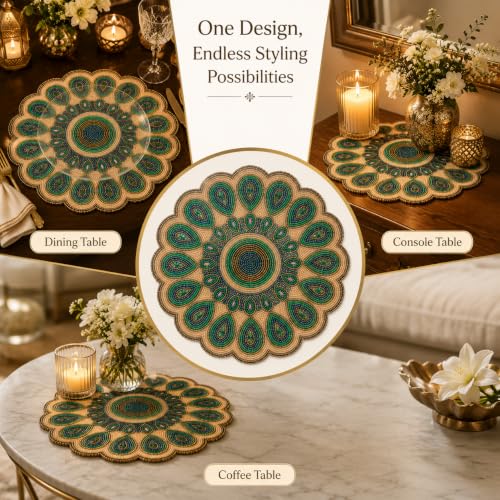 ALPHA Living HOME 13 Inch Round Beaded Placemat, Green Gold Table Decor Mat - color: Golden & Green, size: Set of 1