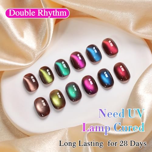Double Rhythm Cat Eye Gel Nail Polish Set of 6 Same Color Same Bottle 0.5 Oz Shimmer Glitter with Magnet Holographic Magnetic UV Nail Polish Kit at Home (Brown Sage Green Red Purple Blue-T6-104) - color: Earthy Magic