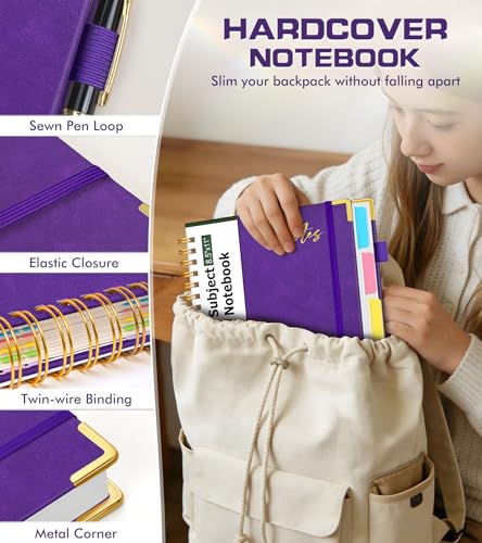 Hardcover Spiral Notebook Journal 8.5" x 11" Leather 5 Subject Notebook with Removable Dividers Tabs, 300 Pages Organizer Notebooks for Work School, College Ruled, Large Lined Journal for Women,Purple - color: Deep Purple, size: A4