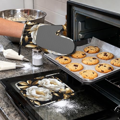 White Flowers Oven Mitts and Pot Holders (4PCS),Glitter Blooming Heat Resistant Non-Slip Silicone Kitchen Gloves for Cooking, Baking, BBQ Waterproof Kitchen Accessories - color: White Flowers Glitter Blooming