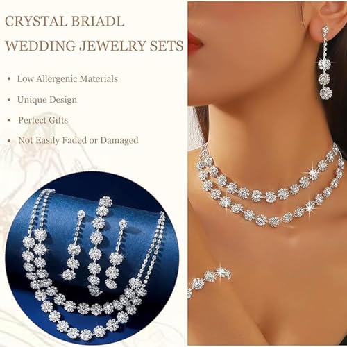 HUASAI Silver Wedding Jewelry Sets for Brides Rhinestone Necklace Earrings Bracelet Set Guest Dress Accessories Bridal Jewelry Formal Wedding Prom Party - color: flower set
