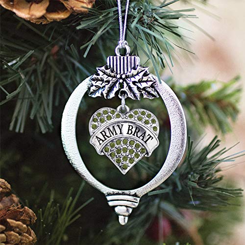 Inspired Silver - Army Brat - Silver Christmas Ornament - Green Pave Heart Charm Christmas Tree Ornament with Cubic Zirconia - Holiday Hanging Decoration - style: Army Brat