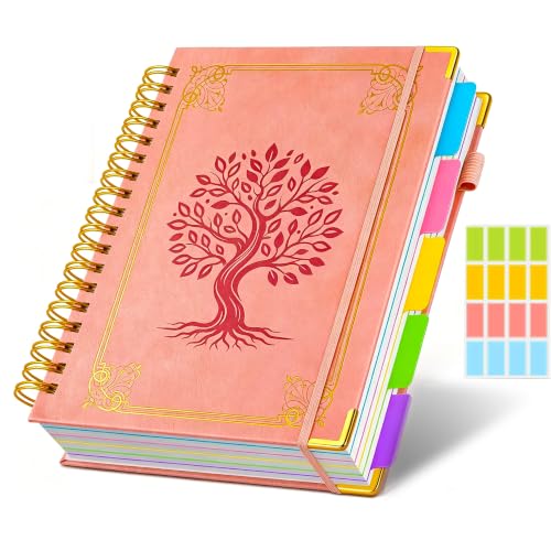Hardcover Spiral Notebook Journal with Removable Dividers Tabs, 5 Subject Notebooks for Work School, 300 pages 8"x10" B5 leather Journal College Ruled, Cute Journal for women, Pink - color: Pink