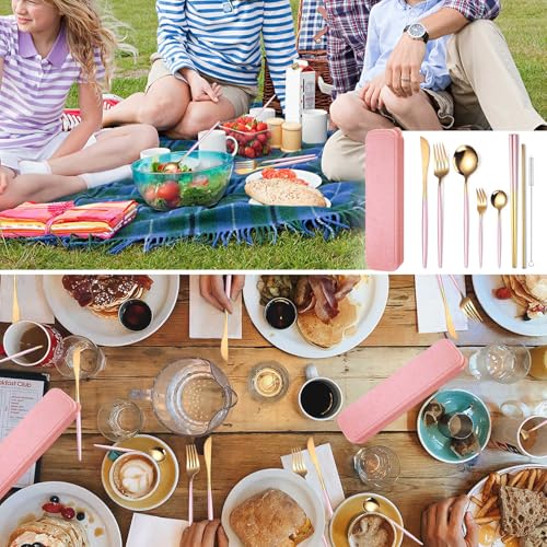 AARAINBOW 8 Pieces Stainless Steel Flatware Set Portable Reusable Cutlery Set Travel Utensils Set Including Chopsticks Knife Fork Spoon Straws Cleaning Brush Dishwasher Safe (Pink Golden) - color: Pink Golden