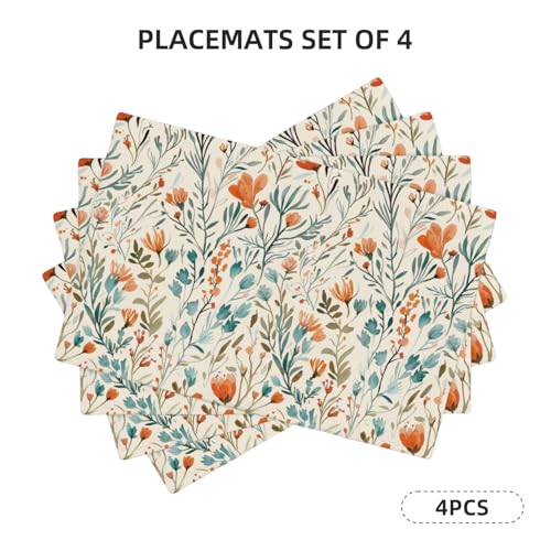 Vintage Boho Teal Orange Floral Placemats Set of 4 12x18 Inch - color: Teal Orange, size: Set of 4