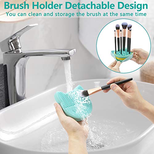 TailaiMei 2 in 1 Makeup Brush Cleaning Mat With Drying Holder, Silicon Cat Shaped Cleaner Pad, Cosmetic Organizer Rack, Portable Washing Tool for Makeup (Green) - color: Green, Cleaner sponge with brush holder
