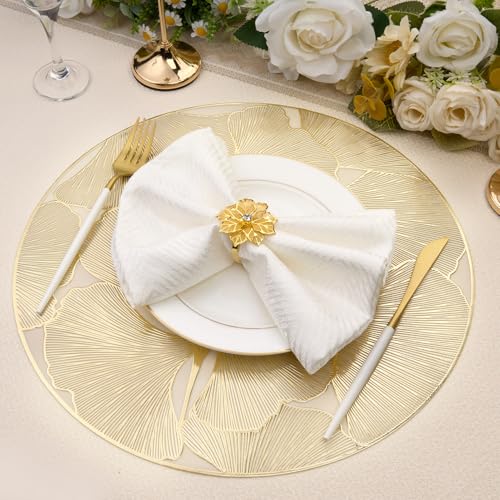 Gold Round Placemats Set of 6 Metallic Pressed Vinyl Place Mats 15 Inch - color: Gold Ginkgo