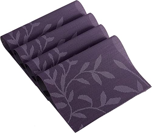 SHACOS Woven Vinyl Placemats Set of 4 Purple Leaf Pattern Place Mats Wipe Clean Durable PVC Heat Resistant Table Mats (4, Leaf Purple) - color: Leaf Purple, size: Set of 4