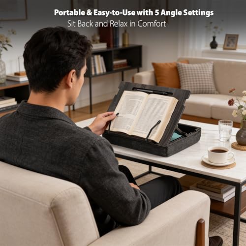 Vigo Wood Lap Reading Desk with Cushion, Adjustable Incline Book Stand with Storage Compartment (Cambridge-Black) - color: Cambridge & Black