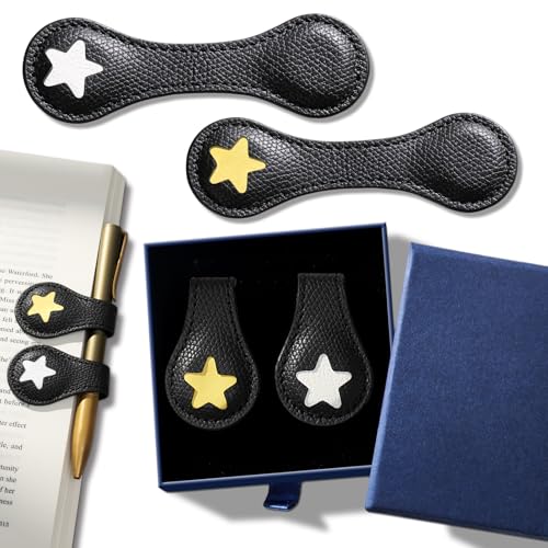 Ovesmusl 2Pcs PU Leather Star Magnetic Bookmarks with Pen Holder - style: Star (Black+Black)