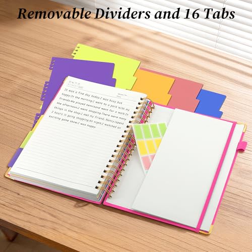 Hardcover Spiral Notebook Journal with Removable Dividers Tabs, 5 Subject Notebooks for Work School, 300 pages 8"x10" B5 leather Journal College Ruled, Cute Journal for women, Rose - color: Rose